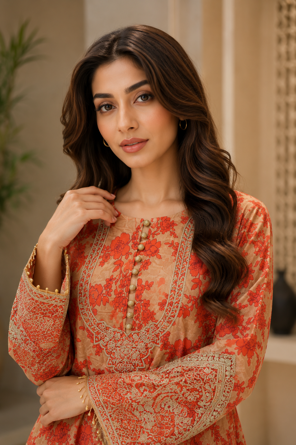 Floral Printed Cotton 3-Piece Suit with Embroidered Neckline & Tassel Hem