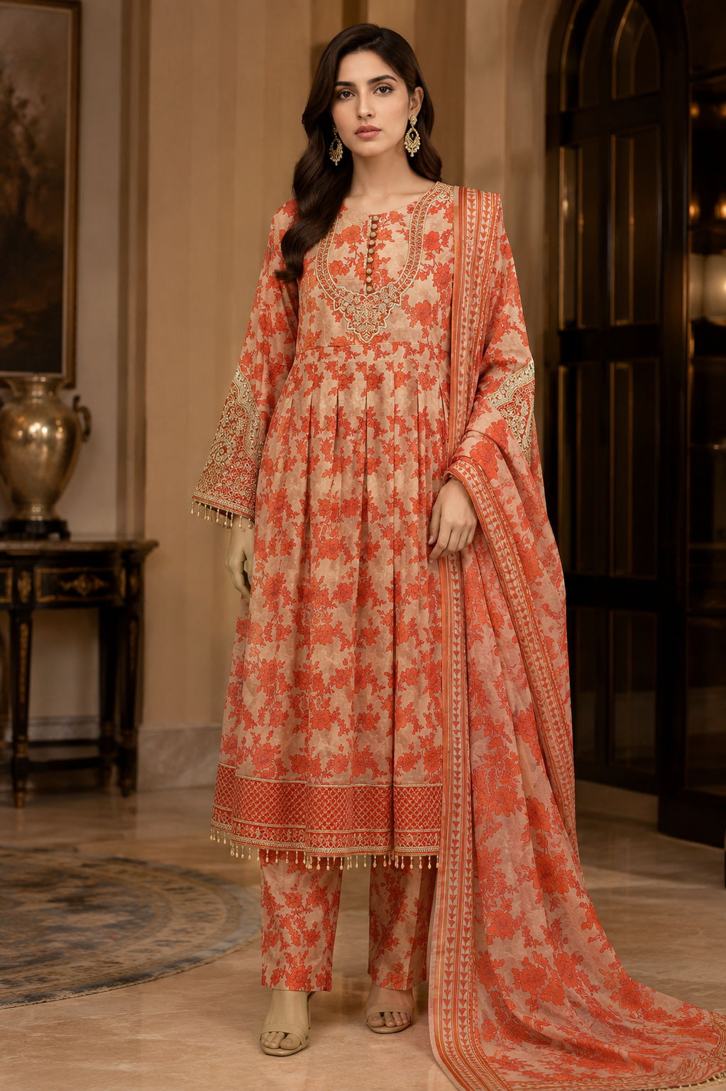 Floral Printed Cotton 3-Piece Suit with Embroidered Neckline & Tassel Hem