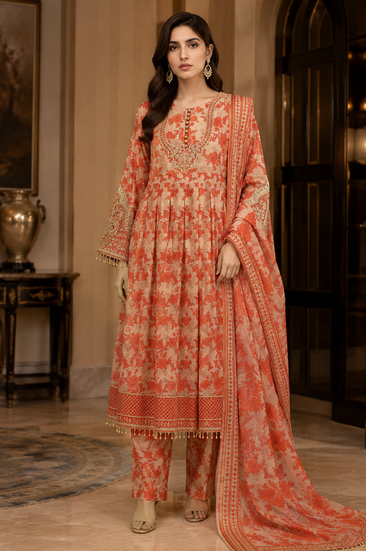 Floral Printed Cotton 3-Piece Suit with Embroidered Neckline & Tassel Hem