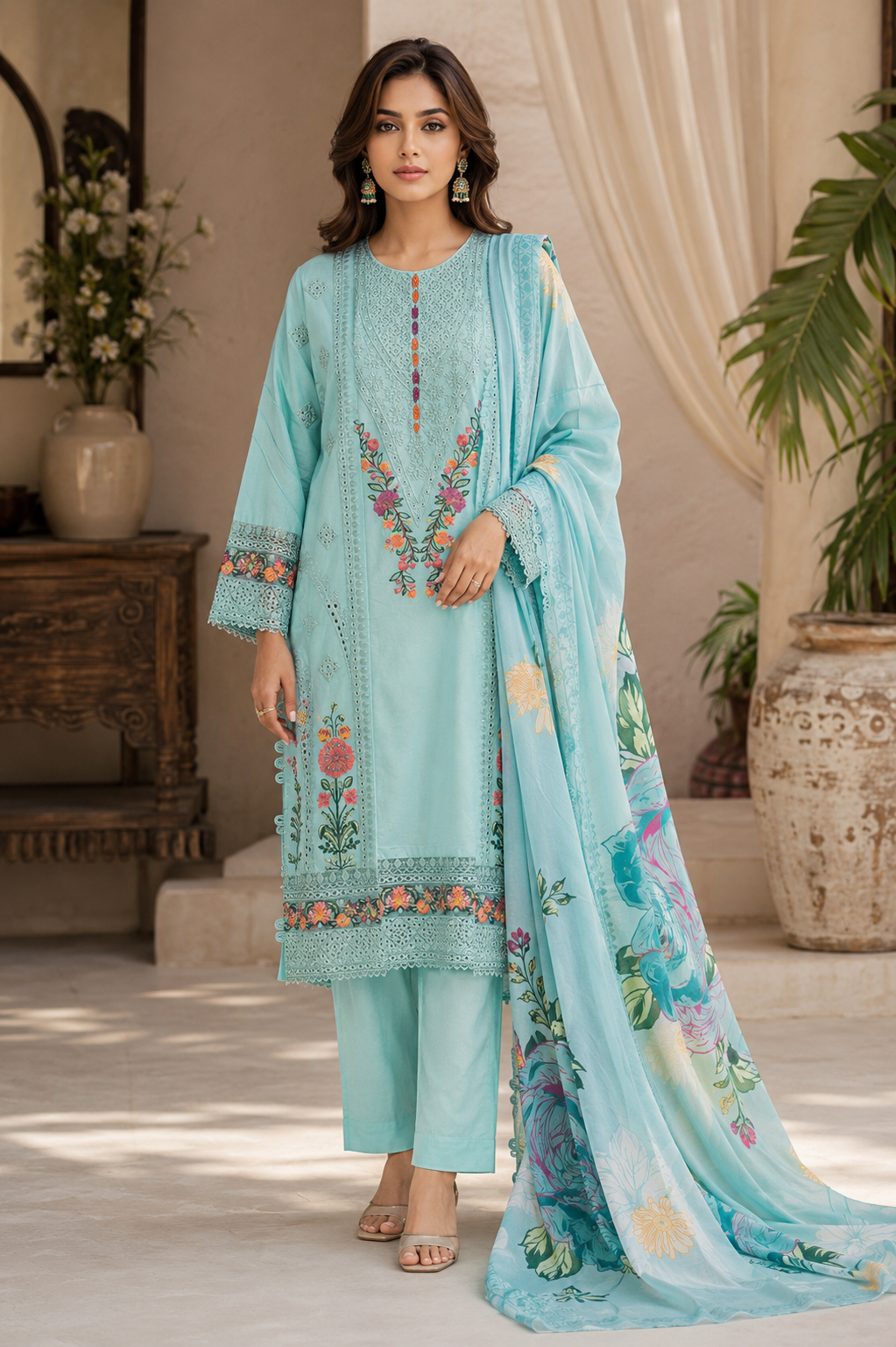 Multi-Embroidered Cotton Lawn 3-Piece Suit with Floral Printed Lawn Dupatta