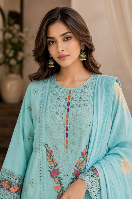 Multi-Embroidered Cotton Lawn 3-Piece Suit with Floral Printed Lawn Dupatta