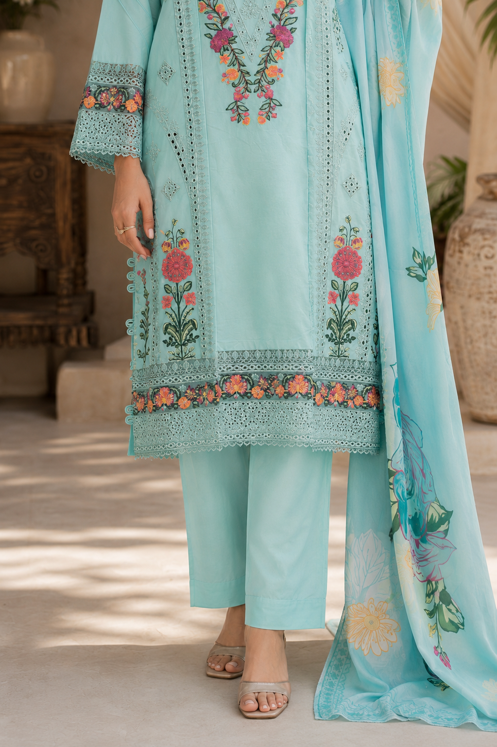 Multi-Embroidered Cotton Lawn 3-Piece Suit with Floral Printed Lawn Dupatta