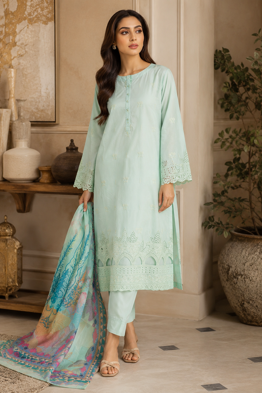 Eyelet Cutwork Cotton Lawn 3-Piece Suit with Multicolour Printed Dupatta