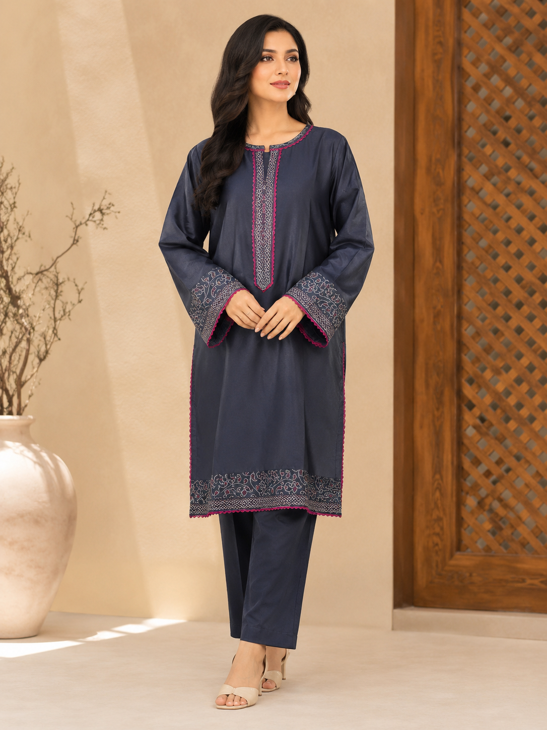 Navy Blue Embroidered Lawn 2-Piece Co-ord Set with Fuchsia Detailing