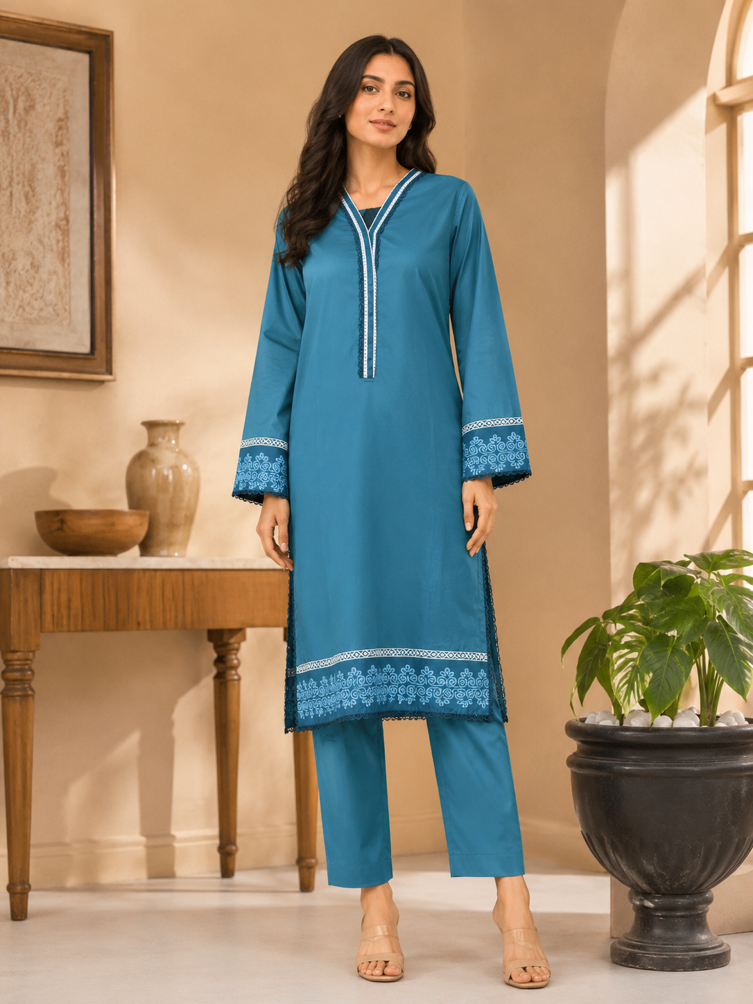 Teal Blue Embroidered Lawn 2-Piece Co-ord Set with White Lace Detailing