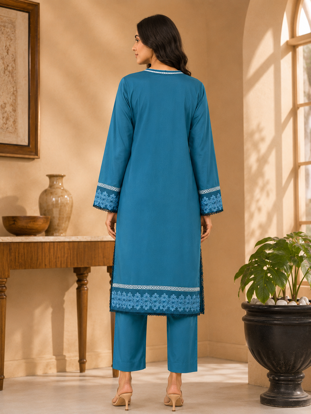 Teal Blue Embroidered Lawn 2-Piece Co-ord Set with White Lace Detailing