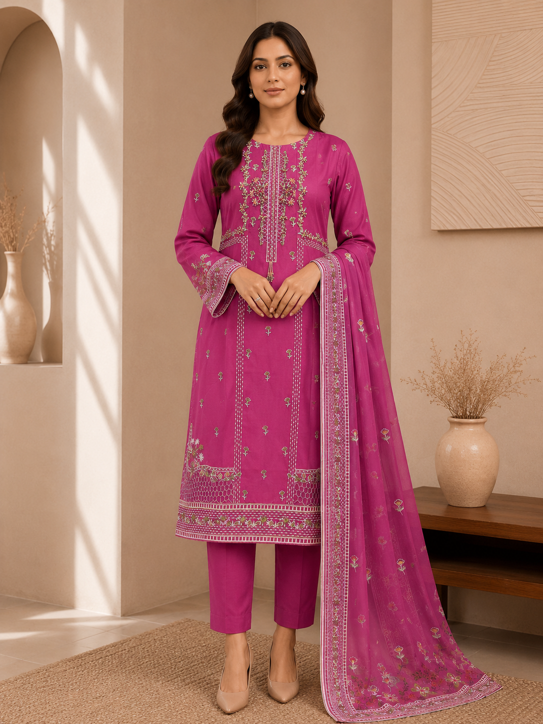 Pink Embroidered Lawn 3-Piece Suit