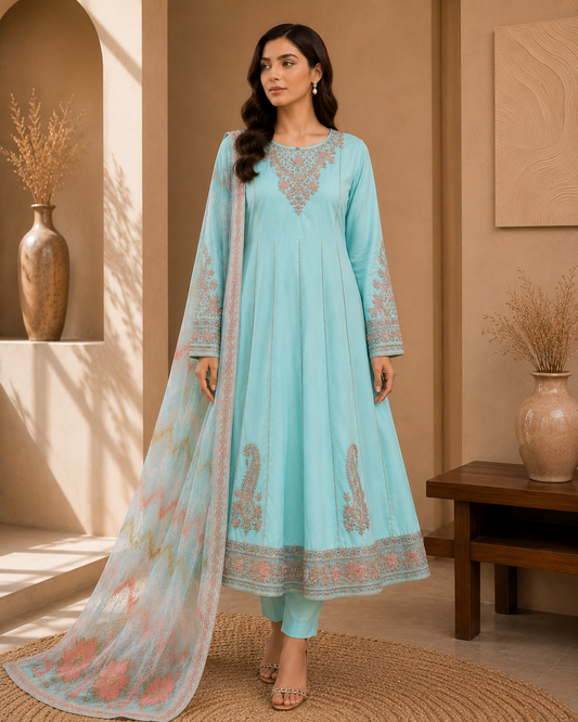 Aqua Embroidered Lawn Frock 3-Piece Suit