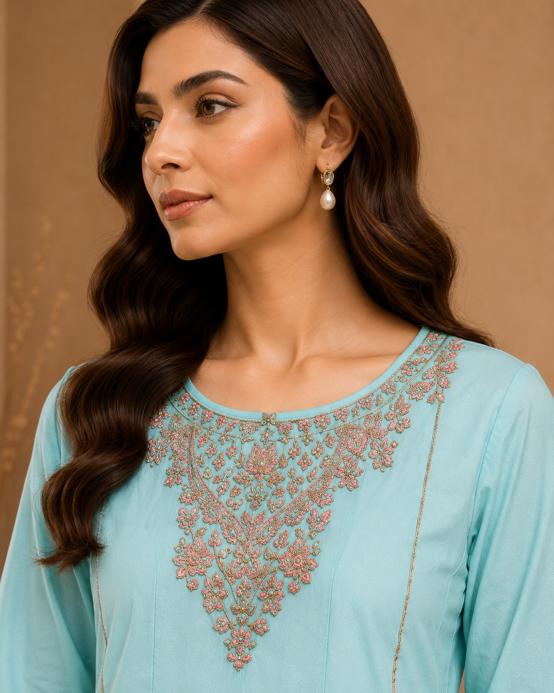 Aqua Embroidered Lawn Frock 3-Piece Suit