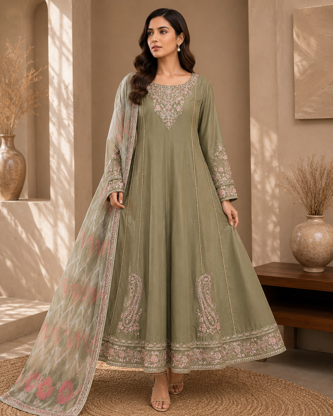 Sage Green Embroidered Lawn Anarkali 3-Piece Suit