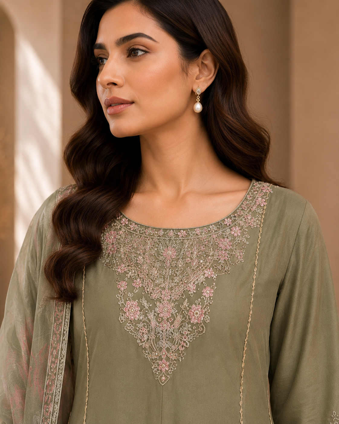Sage Green Embroidered Lawn Anarkali 3-Piece Suit
