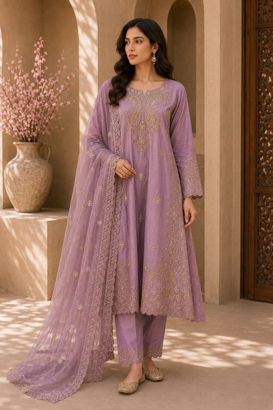 Lavender Gold Embroidered Lawn 3-Piece Suit