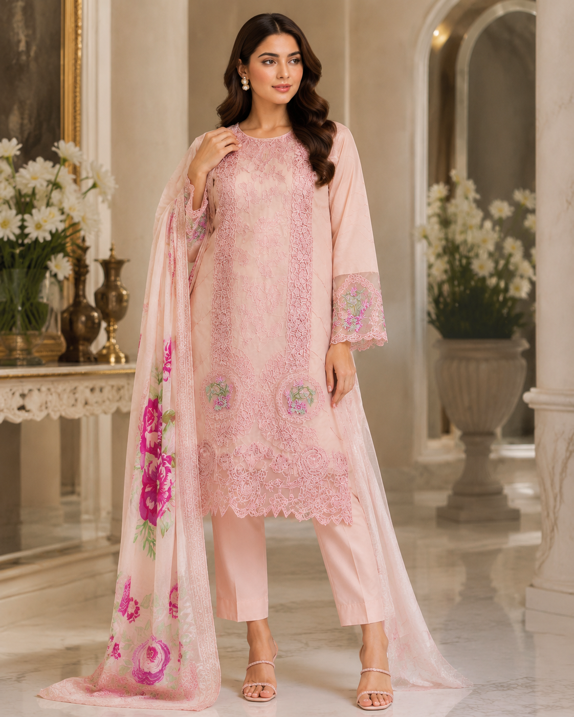 Blush Pink Lace Embroidered Lawn 3-Piece Suit