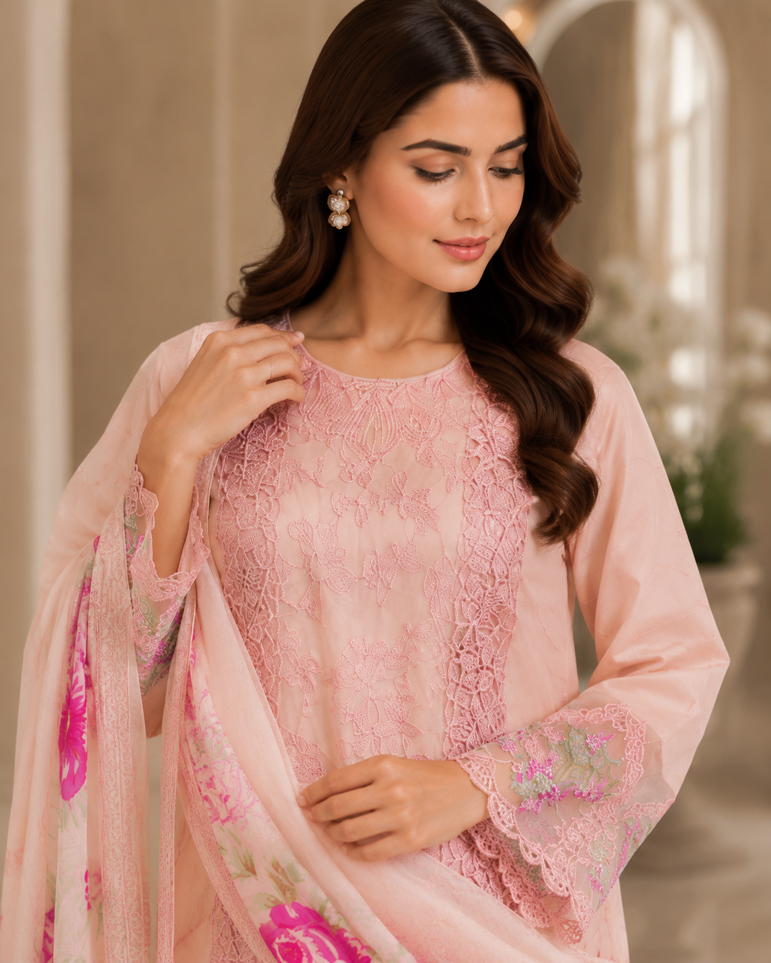Blush Pink Lace Embroidered Lawn 3-Piece Suit
