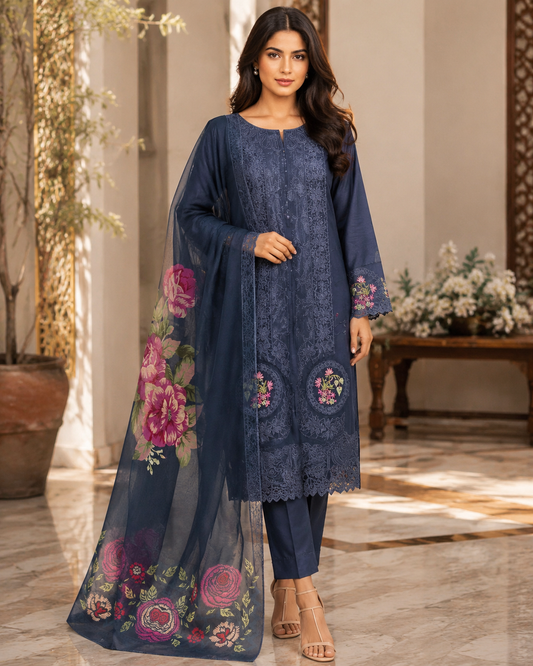 Navy Blue Lace Embroidered Lawn 3-Piece Suit