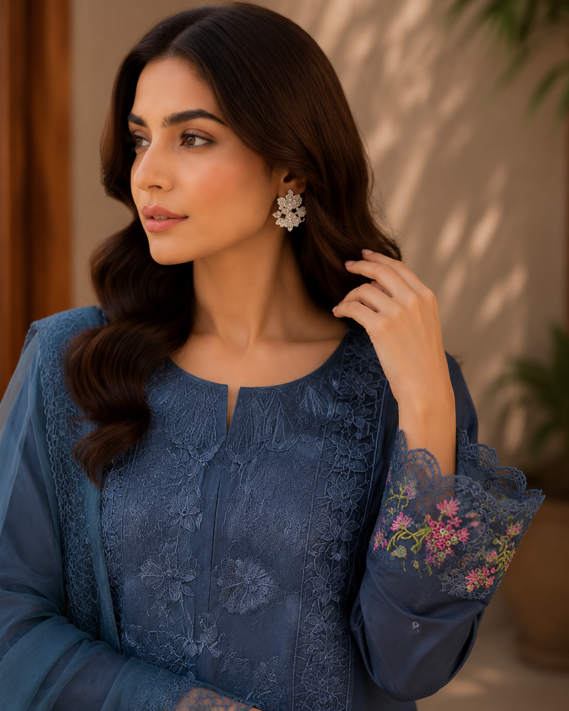 Navy Blue Lace Embroidered Lawn 3-Piece Suit