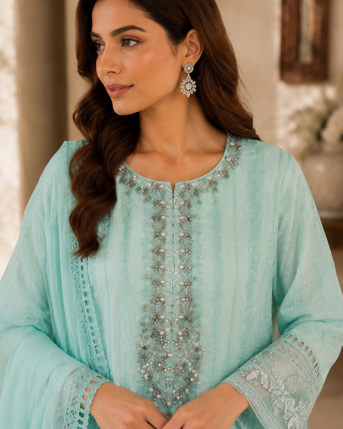 Mint Green Pearl & Silver Embroidered Lawn 3-Piece Suit