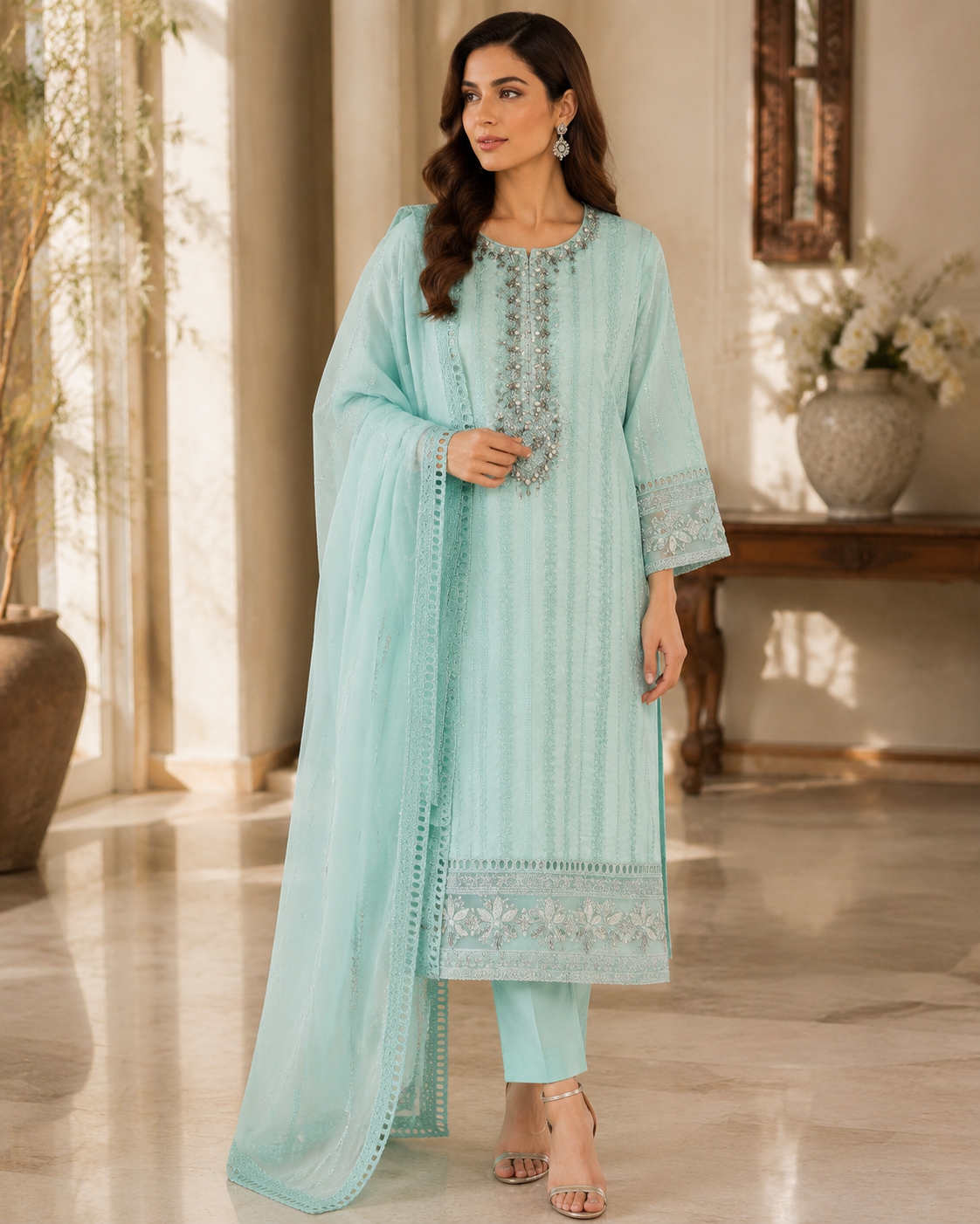 Mint Green Pearl & Silver Embroidered Lawn 3-Piece Suit