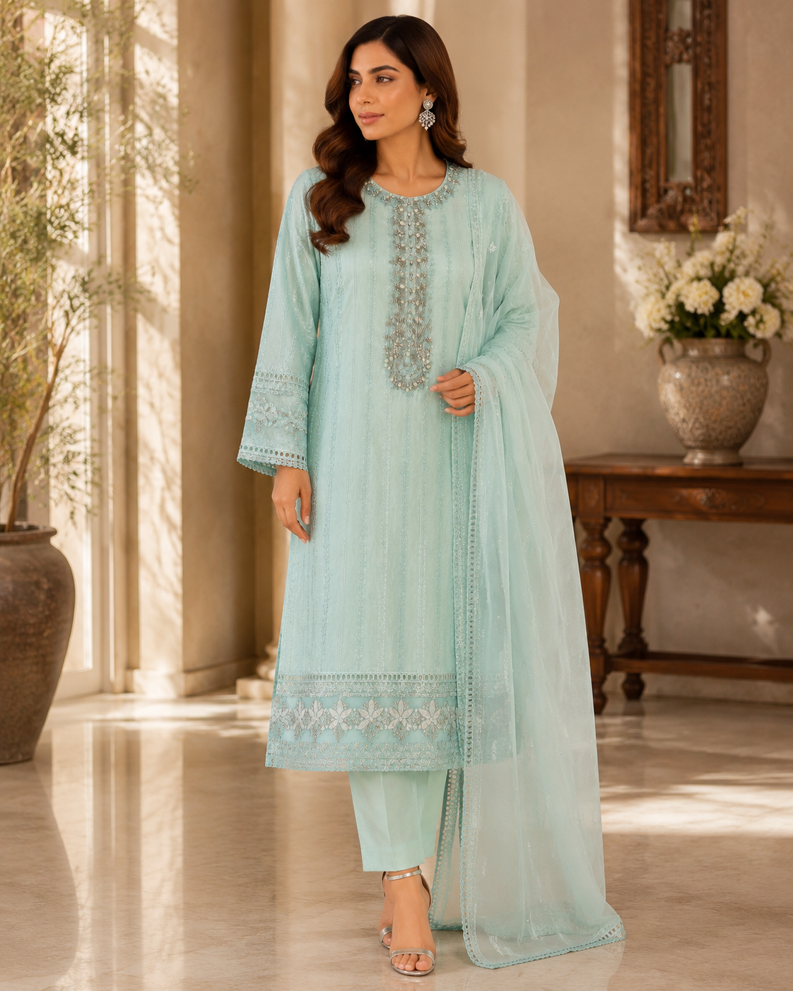 Mint Green Pearl & Silver Embroidered Lawn 3-Piece Suit