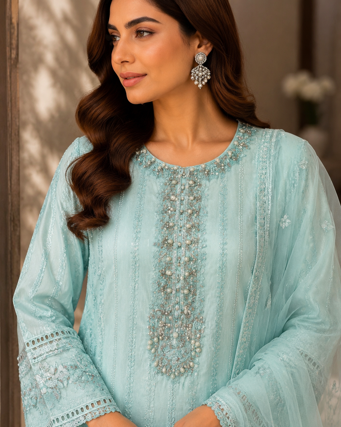 Mint Green Pearl & Silver Embroidered Lawn 3-Piece Suit
