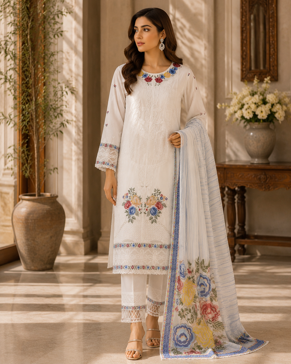 White Embroidered Lawn 3-Piece Suit | Chikankari Work with Floral Print Dupatta | Pakistani Women's Eid Collection