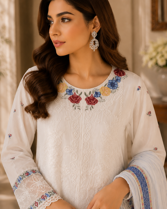 White Embroidered Lawn 3-Piece Suit | Chikankari Work with Floral Print Dupatta | Pakistani Women's Eid Collection