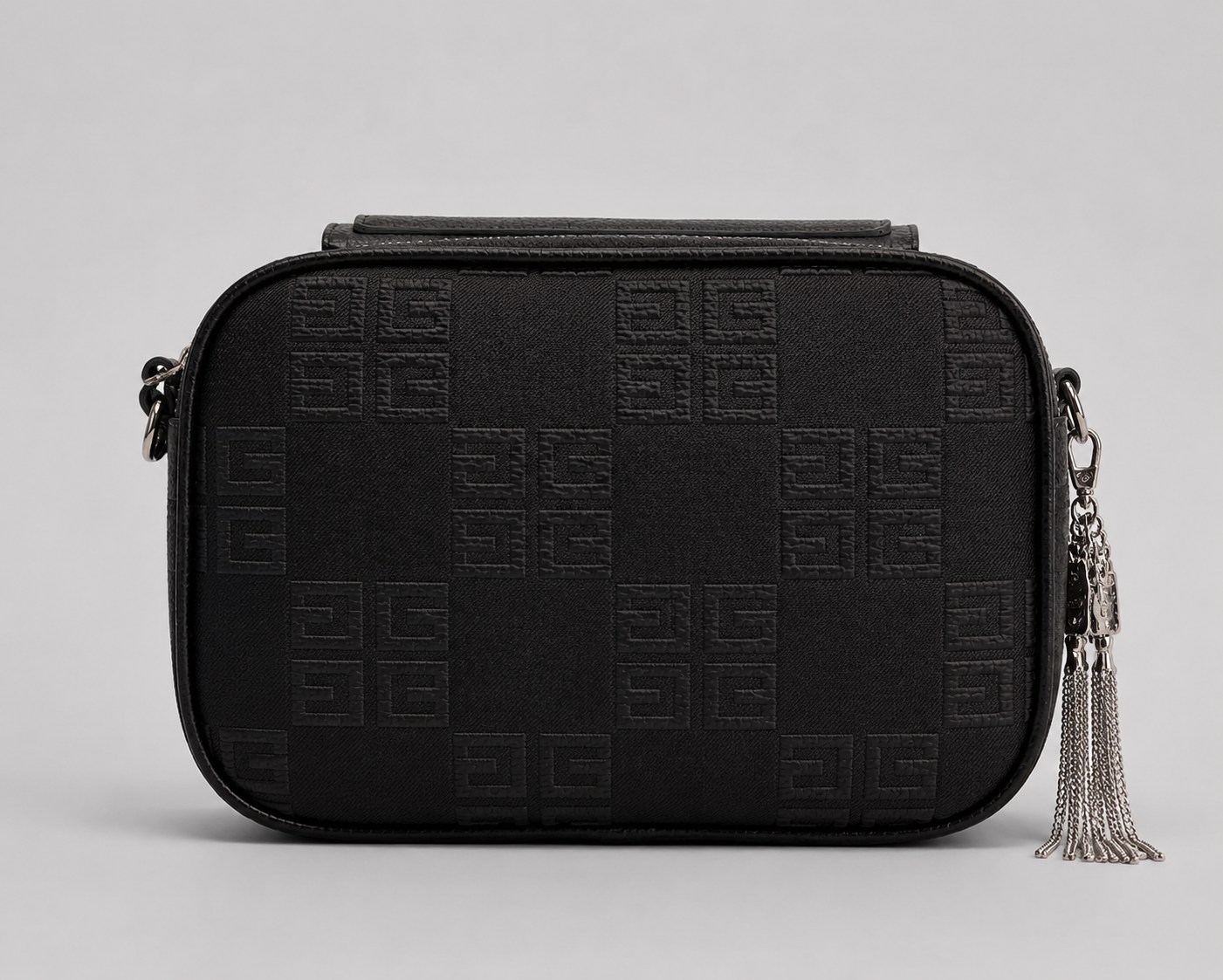 Black Monogram Jacquard Camera Bag — Silver Tassel Zip Crossbody with Pebbled Leather Back