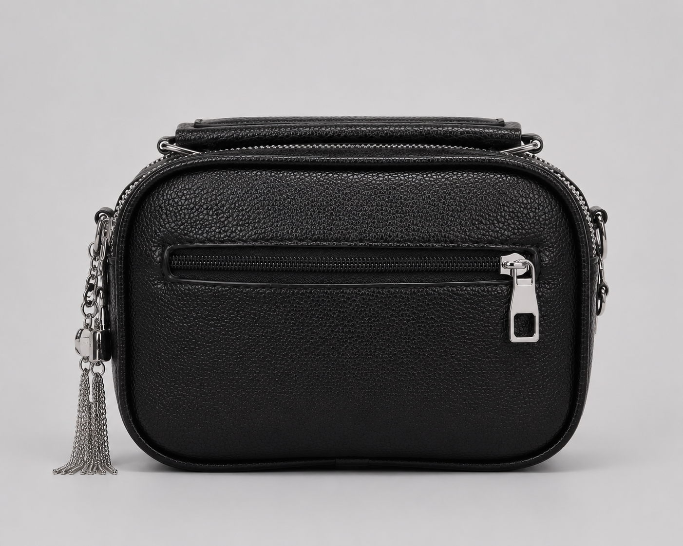Black Monogram Jacquard Camera Bag — Silver Tassel Zip Crossbody with Pebbled Leather Back