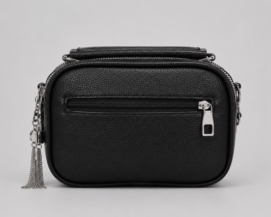 Black Monogram Jacquard Camera Bag — Silver Tassel Zip Crossbody with Pebbled Leather Back