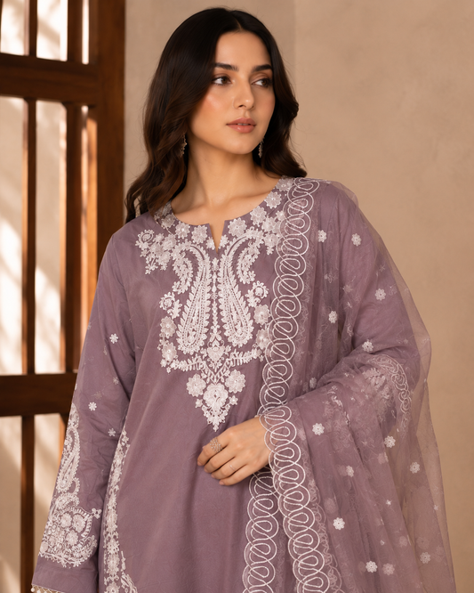 Mauve White Paisley Embroidered Lawn 3-Piece Suit