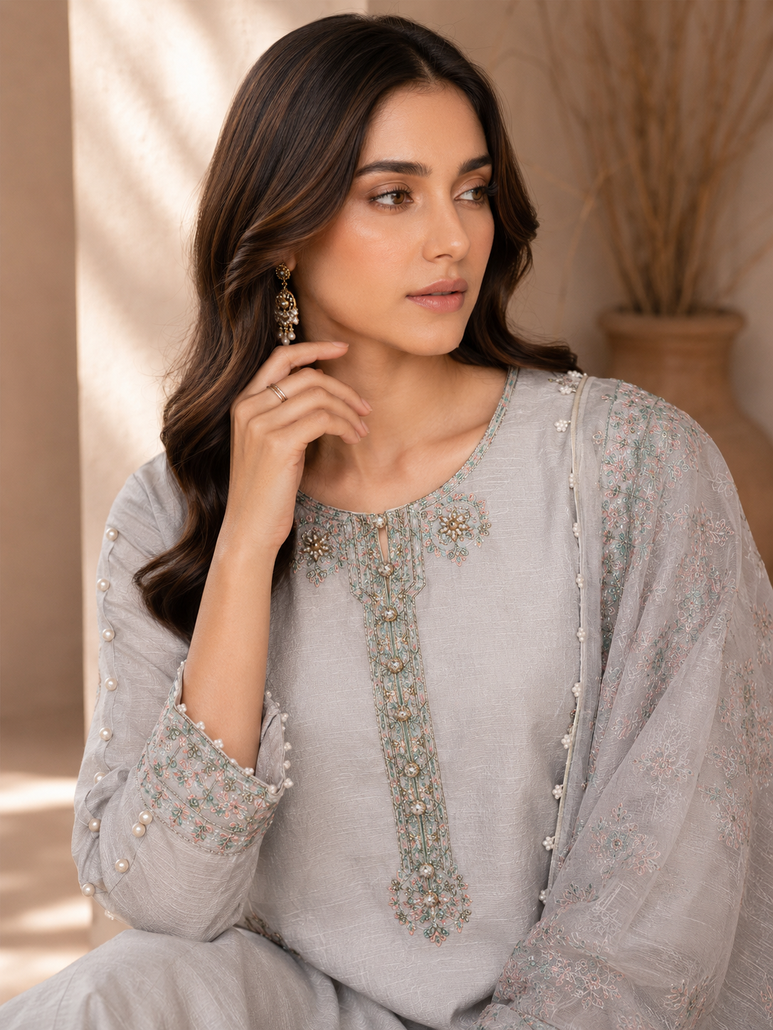 Crimson Rose Embroidered 3-Piece Suit with khussa | Gold & White Threadwork Sharara Set | Pakistani Women's Festive Collection