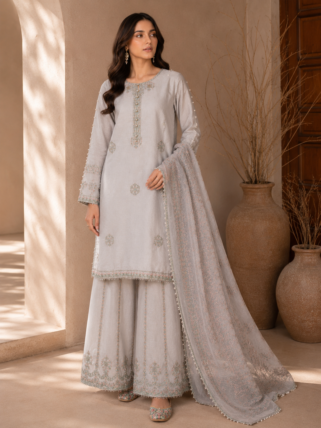 Crimson Rose Embroidered 3-Piece Suit with khussa | Gold & White Threadwork Sharara Set | Pakistani Women's Festive Collection