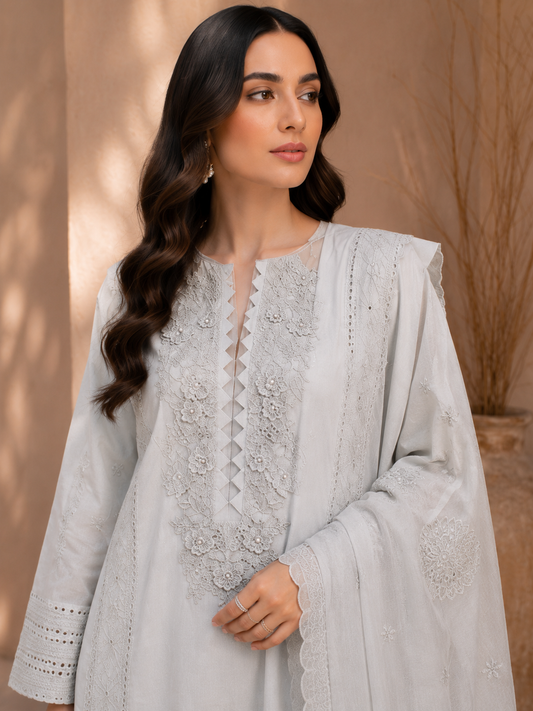 Mayal Pearl — Silver Grey Embroidered Cotton 3-Piece Suit