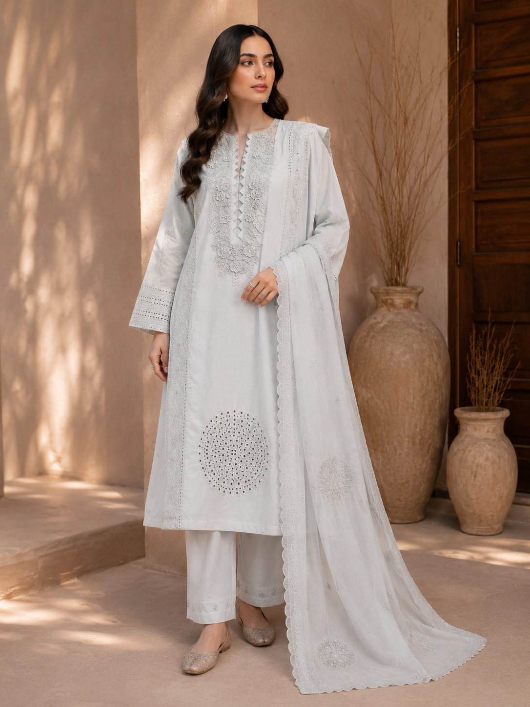 Mayal Pearl — Silver Grey Embroidered Cotton 3-Piece Suit