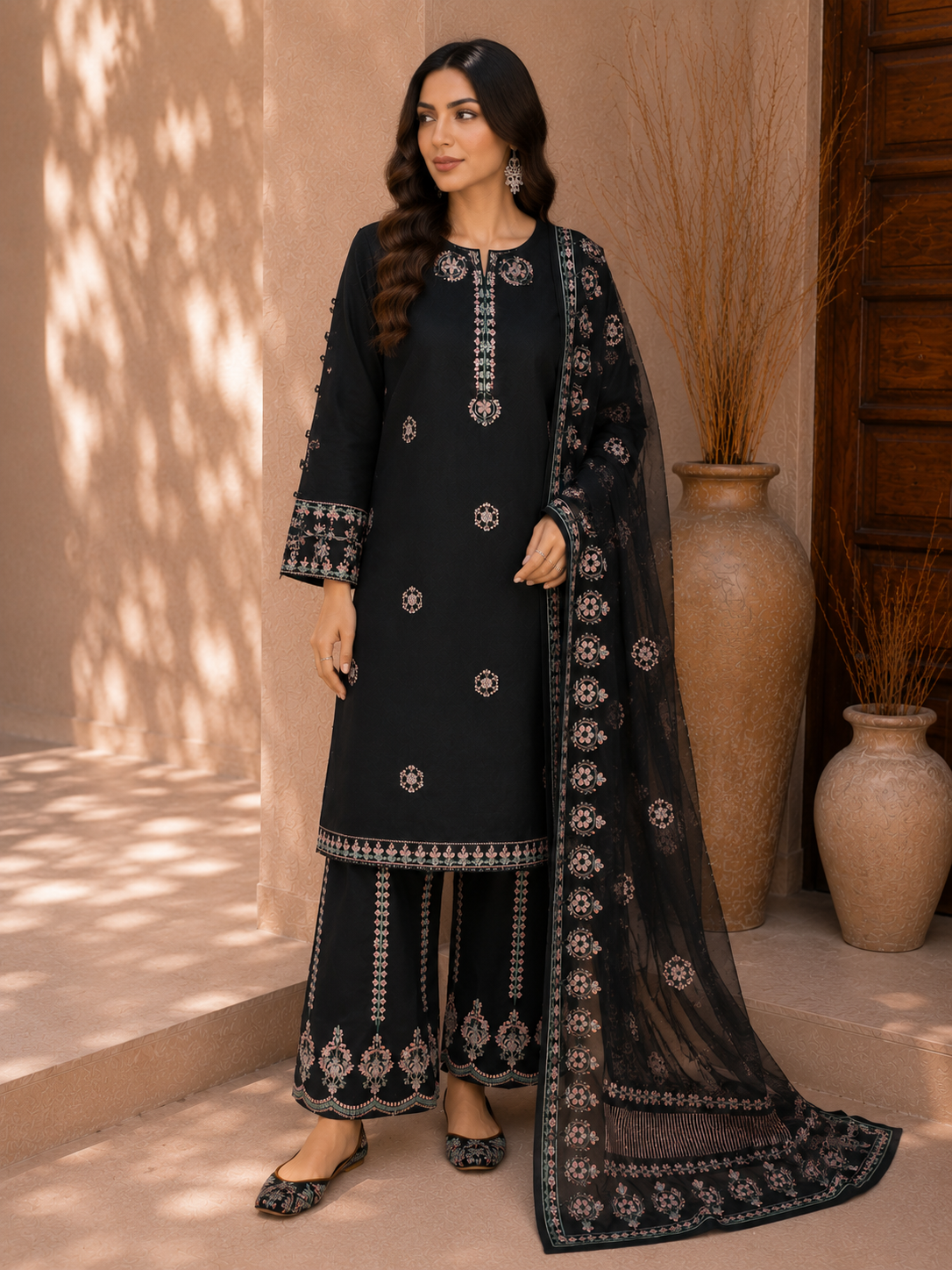 "Mayal Noir — Black Embroidered Cotton 3-Piece Suit"