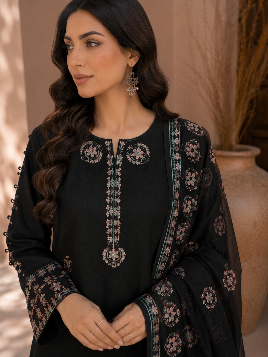 "Mayal Noir — Black Embroidered Cotton 3-Piece Suit"