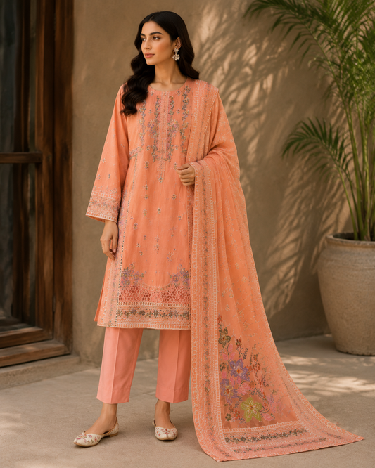 Peach Blossom Embroidered Lawn 3 Piece Suit