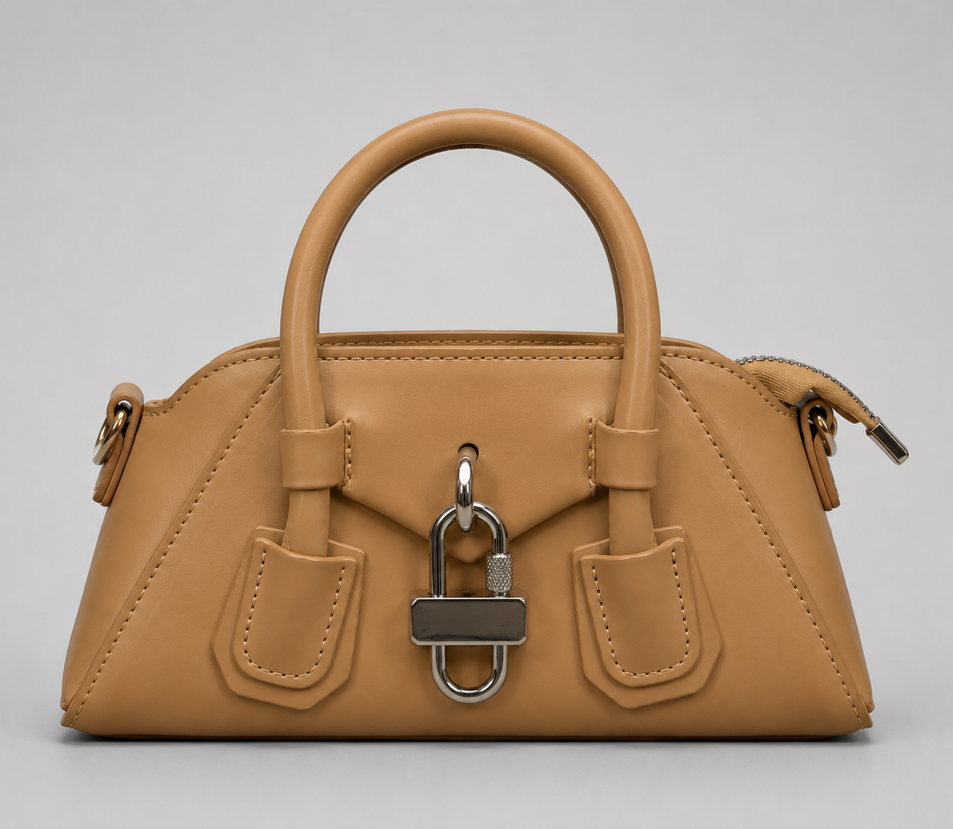 Camel Mini Bowling Bag — Padlock Hardware Top Handle Crossbody with Strap Keeper Detail