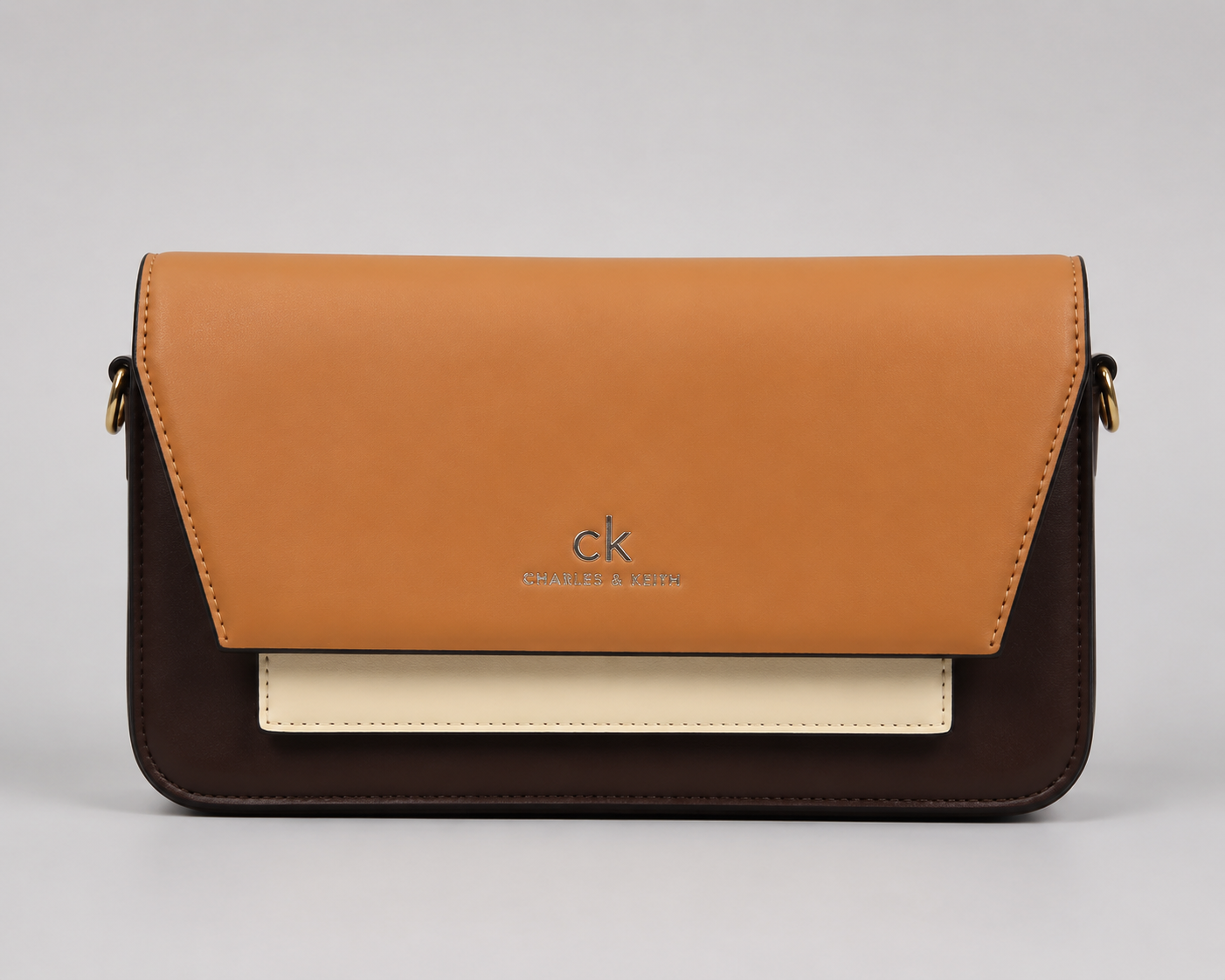 Charles & Keith Tri-Tone Colour Block Flap Crossbody Bag — Tan, Dark Brown & Cream Shoulder Bag