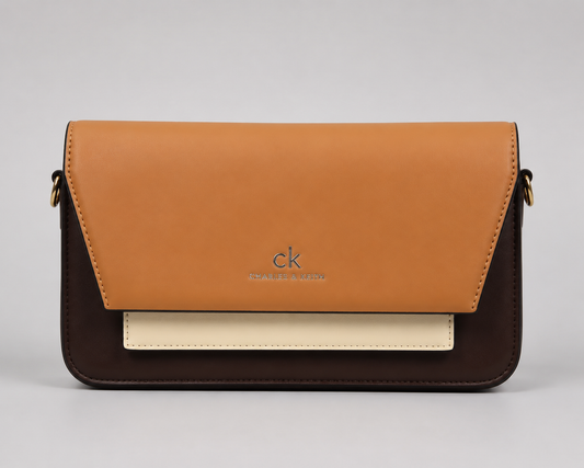 Charles & Keith Tri-Tone Colour Block Flap Crossbody Bag — Tan, Dark Brown & Cream Shoulder Bag