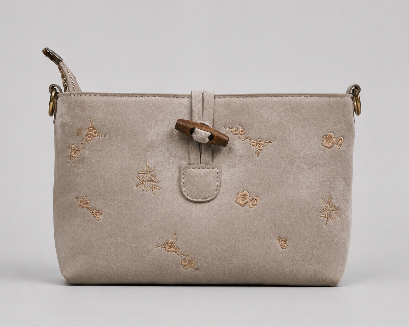 Taupe Suede Embroidered Crossbody Bag — Wooden Toggle Closure Shoulder Bag with Floral Botanical Motifs