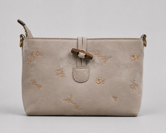 Taupe Suede Embroidered Crossbody Bag — Wooden Toggle Closure Shoulder Bag with Floral Botanical Motifs