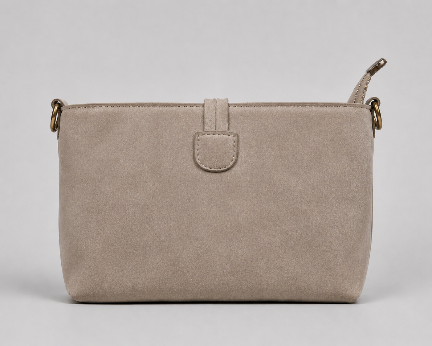 Taupe Suede Embroidered Crossbody Bag — Wooden Toggle Closure Shoulder Bag with Floral Botanical Motifs