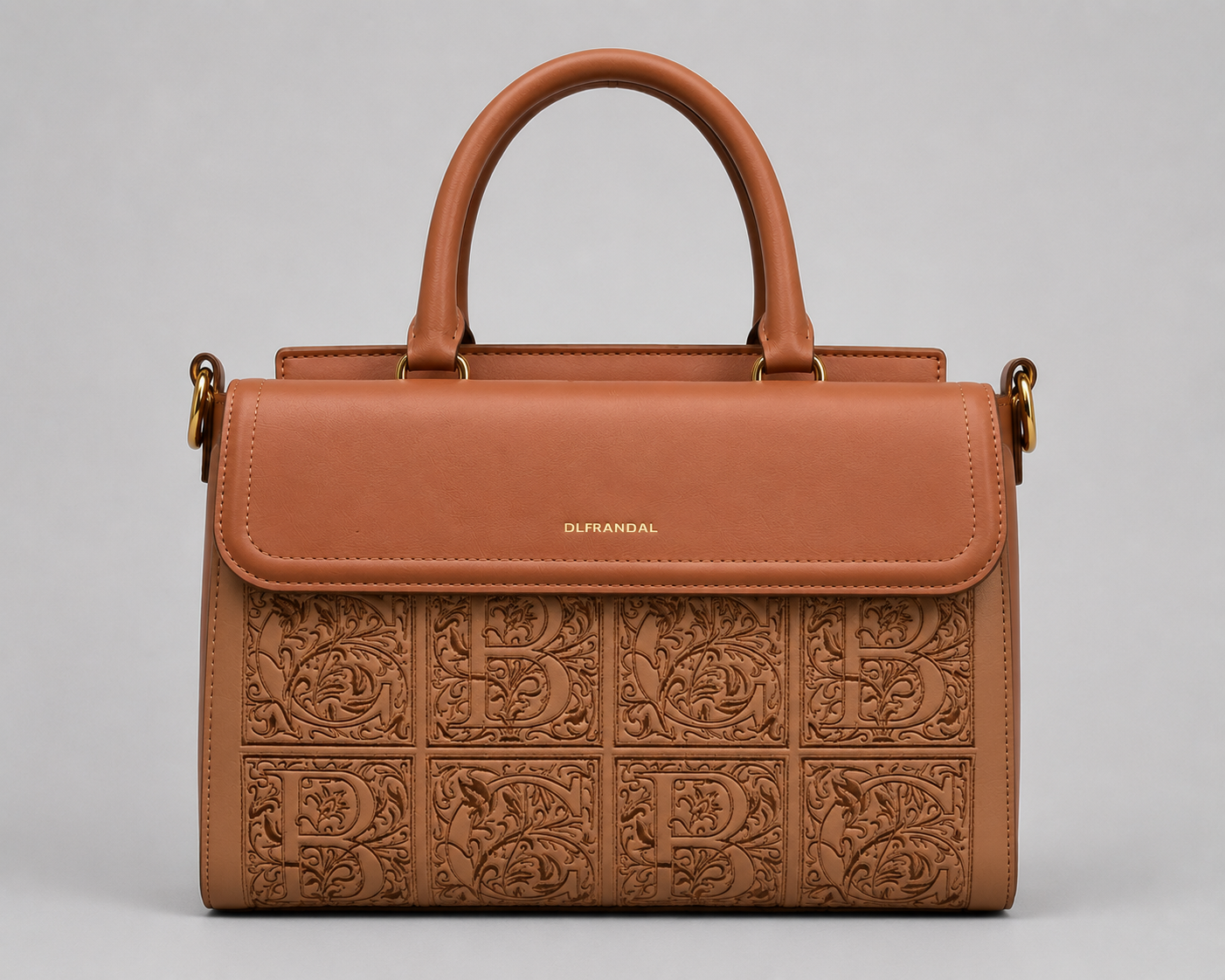 DLFRANDAL Tan Embossed Monogram Satchel — Structured Flap Top Handle Bag with Gold Hardware