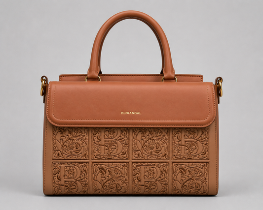 DLFRANDAL Tan Embossed Monogram Satchel — Structured Flap Top Handle Bag with Gold Hardware