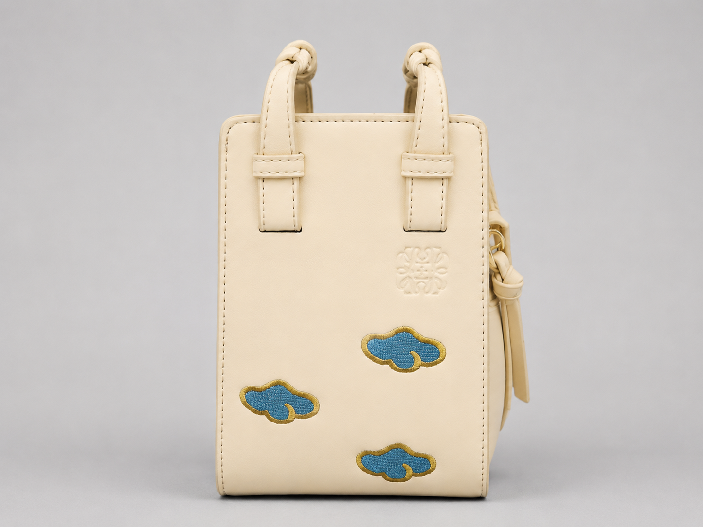 Cream Leather Mini Tote — Embroidered Cloud Motif Double Knot Handle Phone Bag