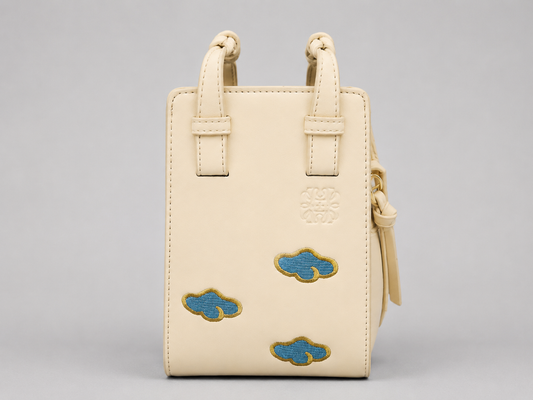 Cream Leather Mini Tote — Embroidered Cloud Motif Double Knot Handle Phone Bag