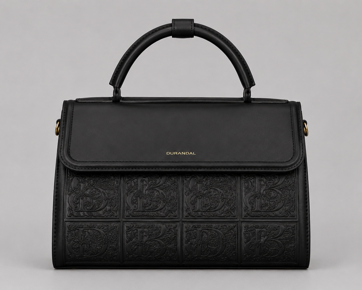DURANDAL Black Embossed Monogram Satchel — Structured Top Handle Flap Bag with Gold Hardware