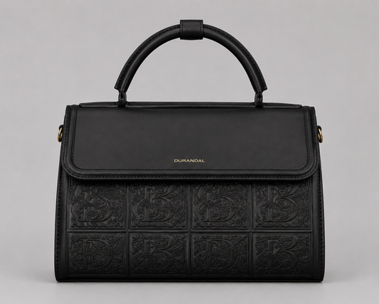 DURANDAL Black Embossed Monogram Satchel — Structured Top Handle Flap Bag with Gold Hardware