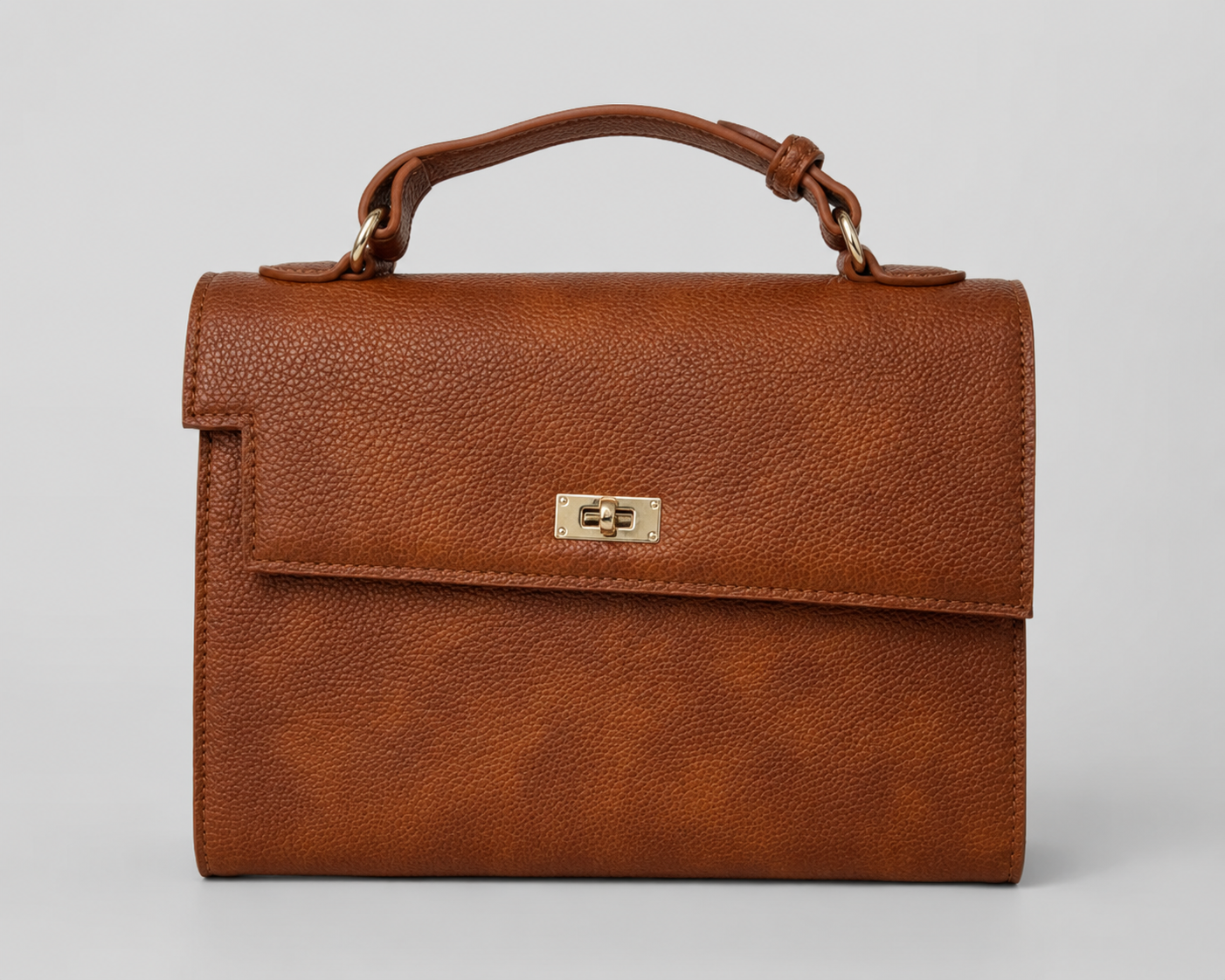 Cognac Pebbled Leather Top Handle Satchel — Structured Flap Bag with Gold Turn-Lock & Pocket Detail